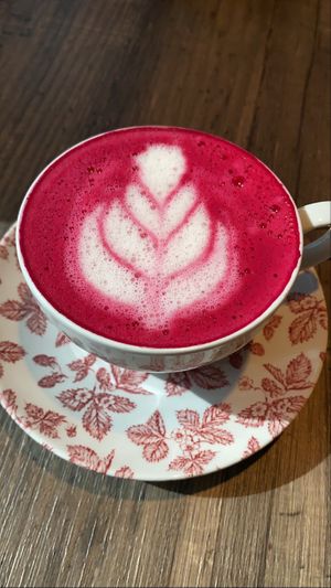 Beetrot latte with oatmilk at Leen's in Dubai