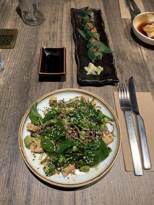 Soba salad and vegan sushi  at Leen's in Dubai
