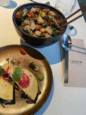 Vegan Tacos and Tofu Poke Bowl  at Leen's in Dubai