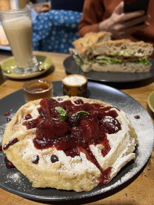 Banana waffles with berries   at Green Earth in Bedford