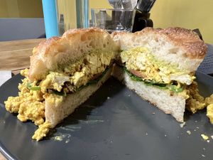 Scrambled tofu on focaccia   at Green Earth in Bedford