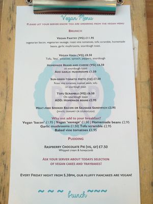 Brunch menu - vegan at The Pudding Pantry - Sherwood in Nottingham