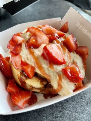 Peanut butter frosting with strawberry jam and strawberries. The pb frosting was SO good and for sure the best part! at Cinnaholic in Gilbert