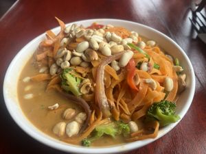 Sweet potato noodles with veggies in coconut milk sprinkled with toasted peanuts  at Cafe Escondido in Roatan