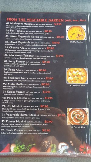 Veggie menu. Ones with (v) can be made vegan at Sargun Indian Tandoori in Bendigo