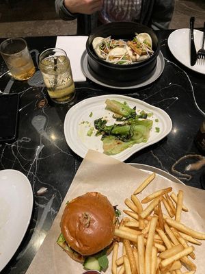 Kimchi Burger, Bao Buns and half of the Garlic Veggies (today it was Pak Choi) at BLAKE in Canmore