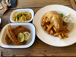Vish & Chips, mac n cheese & corn ribs  at Tansy's Pantry in Godshill