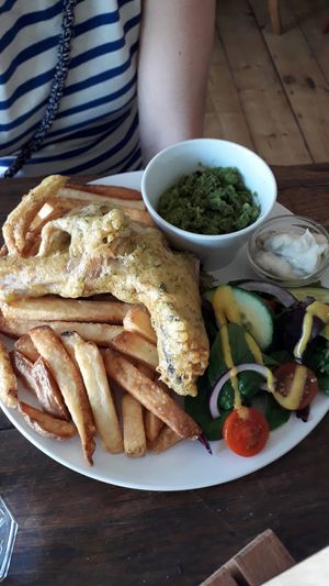 Vish (battered banana blossom) and chips. YUM! at Tansy's Pantry in Godshill