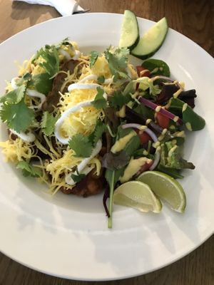 Smoky bean tacos with cashew crema, vegan cheese and a tasty salad. at Tansy's Pantry in Godshill