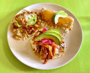 Taste of Yucatán sampler: Longaniza con Papa taco, Jackfruit Cochinita tamale, and Panucho taco  at Hijo De Su Madre in Los Angeles
