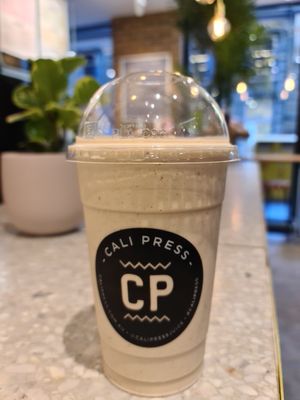 The Arnold, peanutty, almond milk high protein at Cali Press in Sydney