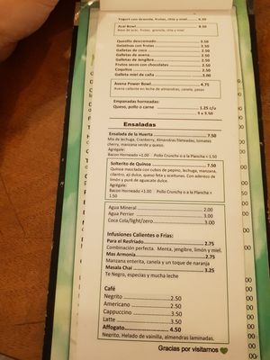 Menu at Green Bar in Panama City