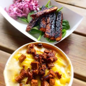 Macc no cheese and bbq ribs at Soul Shack Vegan Grill in Newcastle Upon Tyne