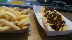 Naughty dog and fries at Soul Shack Vegan Grill in Newcastle Upon Tyne