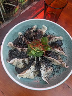 Shitake+Chive guyoza in black sesame sauce at Chotto Motto in Collingwood