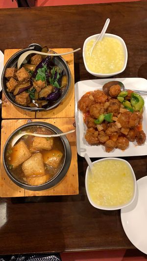 Tofu & eggplant, spicy tofu, sweet & sour chicken and porridge  at Vege Valley Restaurant in San Gabriel
