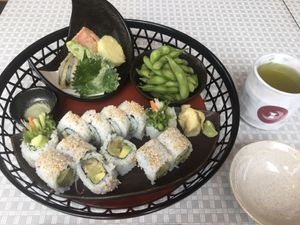 Avocado and yam sushi set with tempura and edamame  at Shaw's Sushi Bar & Dining in Fujikawaguchiko