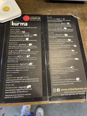 Menu  at Urban Burma in Aurora