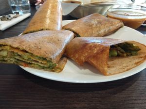 Mysore masala dosa - stuffed with onion, tomato, green bell pepper, mint, and potato at Dosa Plaza in Perth