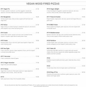 Vegan pizza menu at Tin Pan Alley Foodsmiths in Upwey