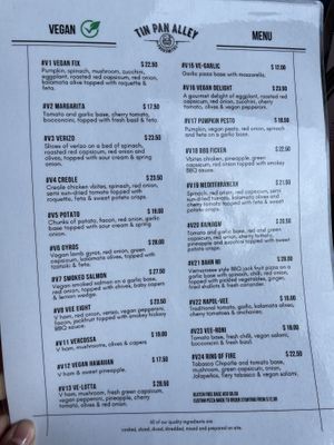 Vegan Menu  at Tin Pan Alley Foodsmiths in Upwey