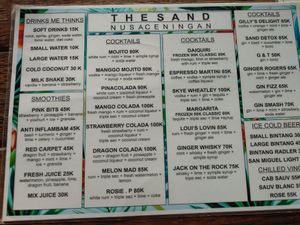 drinks list at The Sand in Lembongan