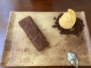 Vegan bitter brownie with mango sorbet  at d'Angelo in Mykonos