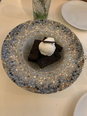 Vegan brownie with the vegan coconut ice cream  at d'Angelo in Mykonos