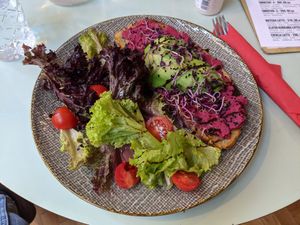 Avocado-beetroot toast at Super Donkey in Belgrade
