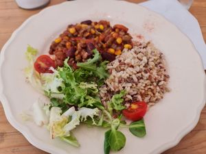 Daily meal (rice with lentils/black bean curry) at Super Donkey in Belgrade