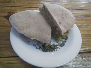 A sandwich with mushrooms, vegan cheese and caramelised onions. Delicious!  at Ubuntu in Valparaiso