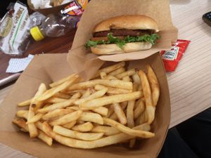 Vegan Burger with fries at KEF - Mathús in Keflavik