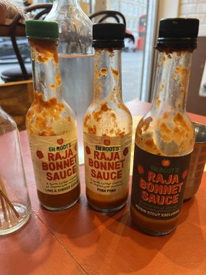 The three hot sauces they do. Not at all hot and probably made for the English palate. Hope they make a hotter version some day!  at En Root in South West London