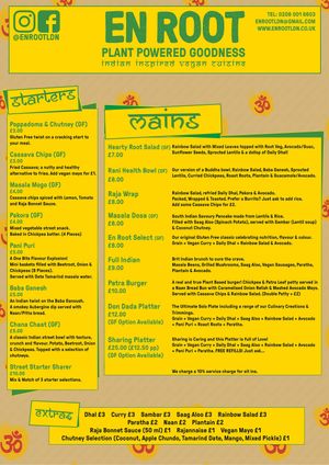 NEW MENU Sept 2020
Starters & Mains at En Root in South West London