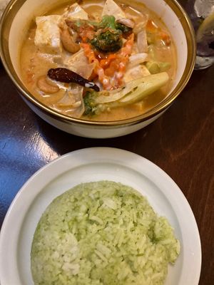 Vegetable Curry with Tofu and whole grain green rice   at Kin + Deum in South East London