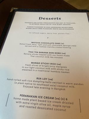 Dessert menu, vegan options marked with (ve)  at Kin + Deum in South East London