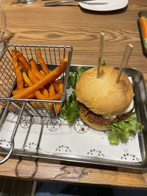 Vegan burger with sweet potato fries   at Arrow Factory in Beijing