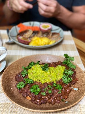 Breakfast beans with Avocado mash and Pancakes!  at Bong Bonlai at YK Art House in Phnom Penh