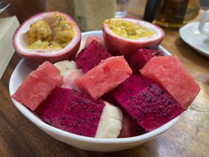 Seasonal fruit salad, $2.50  at Bong Bonlai at YK Art House in Phnom Penh