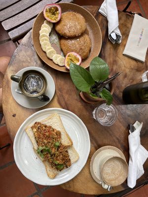 Scrambled tofu with refried beans, and pancakes    at Bong Bonlai at YK Art House in Phnom Penh