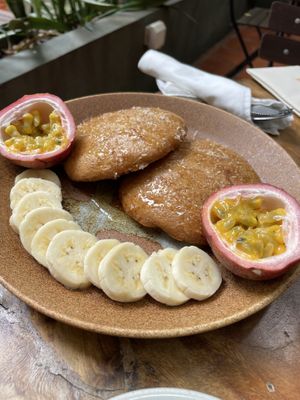 Pancakes with banana and passion fruit    at Bong Bonlai at YK Art House in Phnom Penh