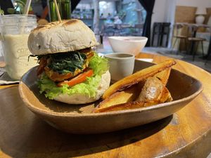 Veggie mushroom burger, $5.90  at Bong Bonlai at YK Art House in Phnom Penh