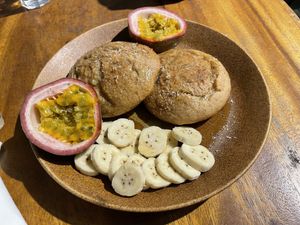 Coconut cream pancakes with banana and passion fruit, $4.90  at Bong Bonlai at YK Art House in Phnom Penh