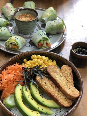 Spring rolls and poke bowl  at Bong Bonlai at YK Art House in Phnom Penh
