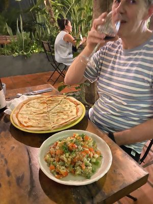 Pizza and eggplant saladd  at Bong Bonlai at YK Art House in Phnom Penh