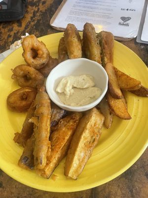 Beer fried kalamari-mushrooms, eggplant and zucchini with garlic sauce   at Bong Bonlai at YK Art House in Phnom Penh