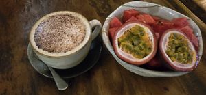 Pumpkin Spice latte & fruit platter at Bong Bonlai at YK Art House in Phnom Penh