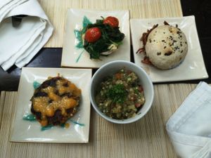 Keftede with Mango Sauce, Smoked Eggplant Salad, Spinach and Tomato on English Muffin, Pulled Jackfruit Slider at Bong Bonlai at YK Art House in Phnom Penh