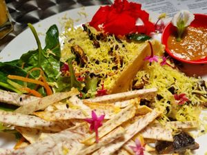 Vegan taco lunch,  nice root chips at La Fonda Latina in Kuranda