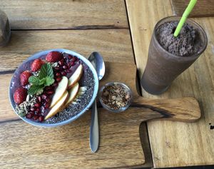 Blueberry smoothie bowl with oat milk (instead of coconut milk) & oat mocha frappe   at Organic Smoothie Bowl & Cafe - Lazimpat in Kathmandu
